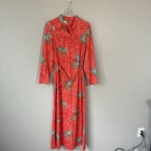 VTG Lady Windsor Union Made Asian Japanese Floral Maxi Empire Dress Tie Neck